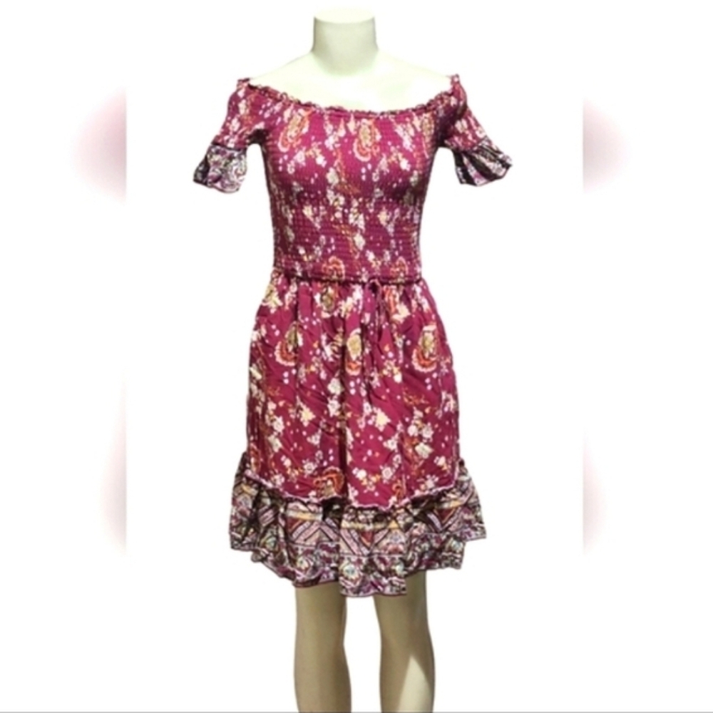 Xhilaration Women's Floral Print Off The Shoulder Burgundy Dress. Sz. XS In EUC.